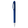 A blue pen with a sleek design and a silver tip, featuring a logo on its body.