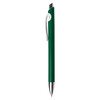 A green plastic pen with a silver clip and tip, featuring a sleek design and a branding logo.
