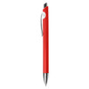 A red plastic pen featuring a silver clip and a smooth design. It has branding on the barrel.