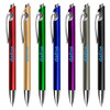 A set of plastic pens in red, gold, green, blue, purple, and silver, each with a clip and branding.