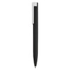 A black pen with a silver clip, featuring a sleek, minimalist design and a branding logo.