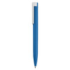 A blue pen with a white clip and a sleek design. The pen features a logo on its body.