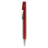 A red metal pen with a sleek design and a clip, featuring a shiny silver tip. It includes a logo.