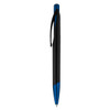 A plastic pen in black and blue, featuring a sleek design and a clip for easy attachment.