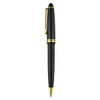 A black plastic pen with gold accents and a clip, featuring a sleek design and a smooth finish.