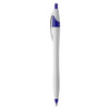A plastic pen in white with blue accents. It features a clickable top and a branding logo.