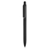 A black plastic pen with a clip, featuring a sleek design and a subtle branding logo.
