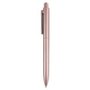 A plastic pen in rose gold, featuring a sleek design and a clip for easy attaching. It has a logo on the barrel.