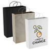 A set of three Paper Kraft shopping bags in black, brown, and white, featuring a logo on the white bag.