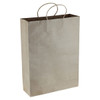 A large brown paper shopping bag with twisted handles and a neutral colour. The bag features a logo.