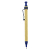 A recycled cardboard pen featuring a blue clip and accents, with a simple design. It has a logo on the barrel.