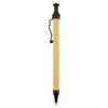 A recycled cardboard pen in natural beige with black accents and a clip, featuring a branding logo.