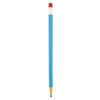 A round mechanical pencil with a blue body, red eraser, and black lead tip, featuring a logo on the barrel.