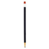 A round mechanical pencil in black with a red eraser and gold tip. The pencil features a logo.