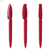 A red plastic pen with a click mechanism, featuring a sleek design and a clip on top.