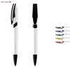 A plastic pen set featuring a white body with black accents and five different coloured tips: blue, red, green, yellow, and black.