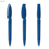 Three blue plastic pens with transparent barrels, featuring clips and retractable tips. The product includes a logo.