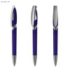 A transparent dark blue plastic pen with a silver clip and accents, showing three different angles.