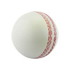 A white stress cricket ball with red stitching, designed for stress relief and relaxation. It features a logo.