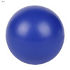 A blue stress ball with a smooth surface. It has a logo on it but is otherwise plain.