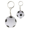 A stress soccer ball key ring in white and black with a shiny metal chain and ring.
