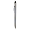 A sleek, silver plastic stylus pen with a black tip and a clip. Includes a branding logo.