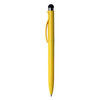 A yellow stylus pen with a plastic body and a silver clip, featuring a black tip and branding.