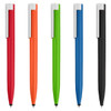 A collection of five stylus pens in red, orange, green, blue, and black, each with a silver clip and tip.