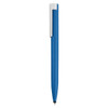 A blue stylus pen with a white clip and a smooth design, featuring a logo on the body.
