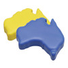 A blue and yellow stress relief shaped like a map of Australia, with a smooth texture and a logo.