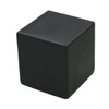 A black stress cube with a smooth, soft texture and rounded edges. It features a logo on one side.