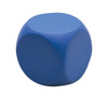 A blue stress round cube with a smooth, rounded surface and a simple design. It features a logo.