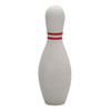A white stress bowling pin with two red stripes. It has a smooth surface and a rounded top.