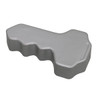 A grey key-shaped stress keyring with a smooth surface and ergonomic design. It has a simple branding logo.