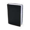 A black stress toy shaped like a book, featuring a textured cover and white pages. It has a logo on the side.