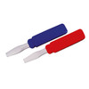Two stress screwdrivers in red and blue with plastic handles and metal tips, featuring branding on the handles.