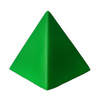 A green stress pyramid with a smooth surface and a triangular shape, featuring a logo on one side.