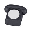 A black stress telephone shaped product with a round white centre and rounded handle. It features a branding logo.
