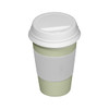 A green and white coffee cup with a white lid and sleeve, featuring a logo.