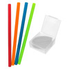 A set of four silicone straws in red, orange, blue, and green, alongside a clear storage case.