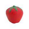A red rubber stress ball in the shape of a strawberry with green leaf details. It has a smooth texture and rounded form.