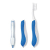 A blue and white toothbrush features a protective case and a compact design for easy storage.