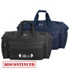 Two duffle bags in black and navy, featuring multiple pockets and a logo, with a prominent label indicating discontinued status.
