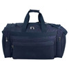 A navy duffle bag featuring dual handles, a shoulder strap, and multiple zippered compartments. Includes a logo.
