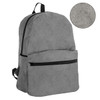 A grey backpack featuring a front zip pocket, adjustable straps, and a textured fabric. It has a logo on it.