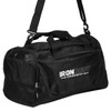 A black duffle bag with a shoulder strap, featuring a logo and multiple zippered compartments.