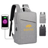 A grey laptop backpack with a front pocket and integrated charging port, featuring a logo. Includes adjustable straps.