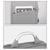 A grey laptop backpack with a tablet in the front pocket and a handle at the top. It features a logo.