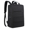 A black laptop backpack with padded shoulder straps and a top carry handle, featuring multiple zippered compartments and a logo.