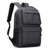 A dark grey laptop backpack with multiple compartments and adjustable straps, featuring a logo on the front.